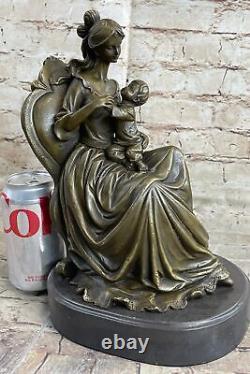 11.5`` Art Déco Sculpture Femme Mère'Holding' Bébé Garçon Bronze Statue Decor