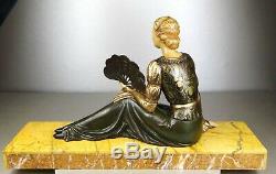 1920/1930 H Molins Suprbe Rare Statue Sculpture Art Deco Elegante Femme Eventail