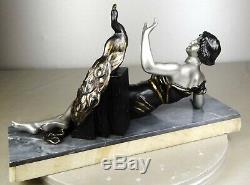 1920/1930 L. Brunswick Rare Statue Sculpture Art Deco Femme Elegante Paon Oiseau