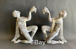 1920/1930 LIMOUSIN 2 Grandes SCULPTURES ART DECO DANSEUSE FEMME NUE serres livre