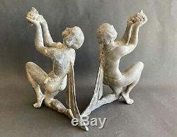 1920/1930 LIMOUSIN 2 Grandes SCULPTURES ART DECO DANSEUSE FEMME NUE serres livre