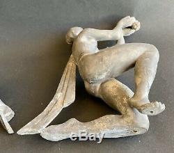 1920/1930 LIMOUSIN 2 Grandes SCULPTURES ART DECO DANSEUSE FEMME NUE serres livre