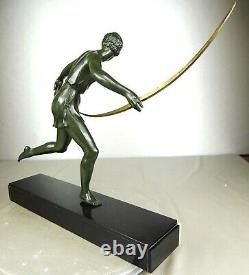 1920/1930 Nitche Grd Statue Sculpture Ep Art Deco Diane Chasseresse Femme Oiseau