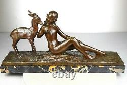 1920/1930 Rene Papa Spb Statue Sculpture Art Deco Bronze Diane Nue Femme Chamois