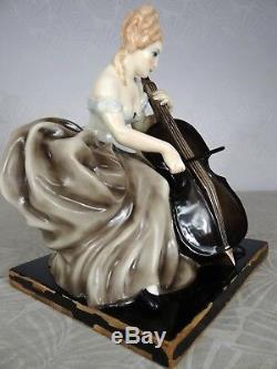 1920/30 Pugi Statue Sculpture Art Deco Femme Violoncelle No Cacciapuoti Faïence
