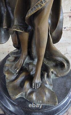 48 CM Western Art Déco Pure Bronze Jeune Femme Fille Belle Harpe Danse Sculpture