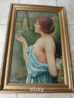 ALEXANDRE ALAUX (1851-1932)-Huile/toile-femme au libellule-1918-Art-Déco-oil