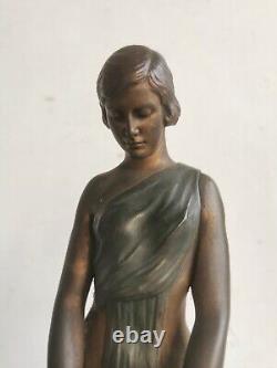 ART DECO Sculpture BRONZE Alexandre OULINE femme aux panthères Maiden Panthers