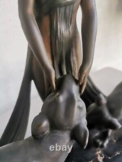 ART DECO Sculpture BRONZE Alexandre OULINE femme aux panthères Maiden Panthers