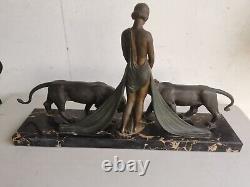 ART DECO Sculpture BRONZE Alexandre OULINE femme aux panthères Maiden Panthers