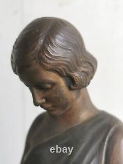 ART DECO Sculpture BRONZE Alexandre OULINE femme aux panthères Maiden Panthers