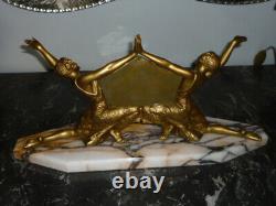 Ancien Miroir Biseaute & Danseuses Art Deco Sur Plaque De Marbre Femme En Regule