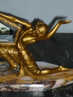 Ancien Miroir Biseaute & Danseuses Art Deco Sur Plaque De Marbre Femme En Regule