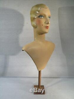 Ancien Superbe Buste De Magasin Femme Presentoir Mannequin Mode 1930 Art Deco