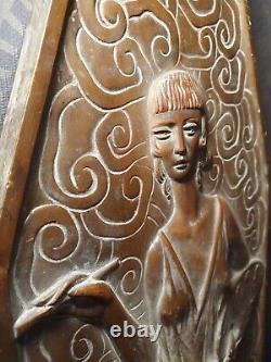 Ancien bas relief plaque en bronze art deco sculpture femme 2 faces différentes