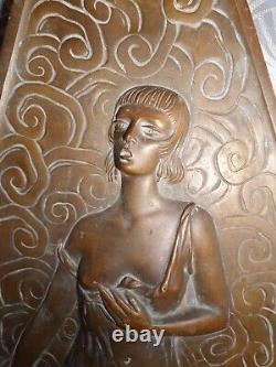 Ancien bas relief plaque en bronze art deco sculpture femme 2 faces différentes