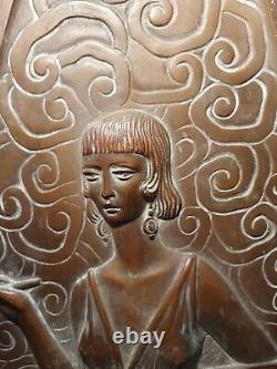 Ancien bas relief plaque en bronze art deco sculpture femme 2 faces différentes