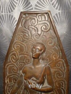 Ancien bas relief plaque en bronze art deco sculpture femme 2 faces différentes