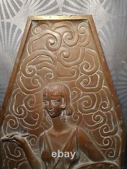 Ancien bas relief plaque en bronze art deco sculpture femme 2 faces différentes