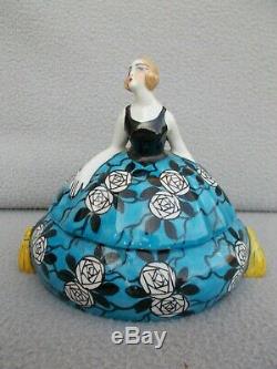 Ancien poudrier boite art deco en porcelaine statuette femme antique powder box