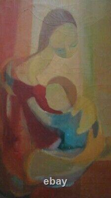 Ancien tableau huile femme maternité art Déco figuratif