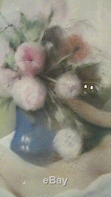 Ancien tableau pastel 1930 signé seberger femme nue nu bouquet fleurs art deco