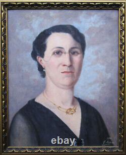 Ancien très beau tableau Art Déco, portrait femme dame signé Ledoux daté en 1939