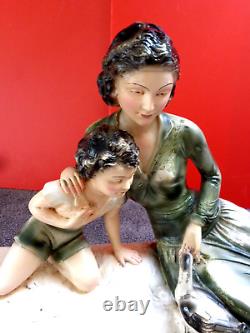 Ancienne Grande Sculpture Statue Platre Femme Enfant Art Deco Signe 2082 S. A. P