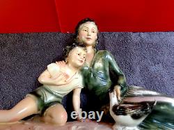 Ancienne Grande Sculpture Statue Platre Femme Enfant Art Deco Signe 2082 S. A. P
