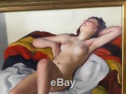 Ancienne Peinture Art Deco Femme Nu