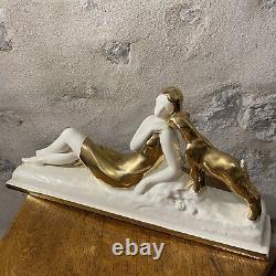 Ancienne Sculpture Femme À La Brebis Céramique Blanche Et Or Art Deco