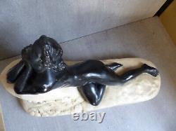 Ancienne Statue ART DECO Platre moulé Femme Baigneuse sur Rocher 41 x 14 x 24