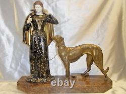 Ancienne Statue Art Deco Menneville Rochard Sculpture Femme Levrier French Art