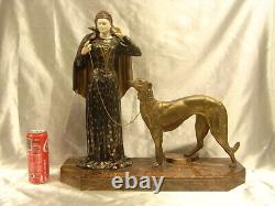 Ancienne Statue Art Deco Menneville Rochard Sculpture Femme Levrier French Art