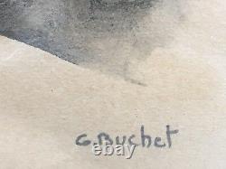 Ancienne gouache Signé Gustave BUCHET femme nue art deco nude woman modernist