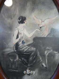 Ancienne gravure estampe art déco femme au perroquet MILLIERE