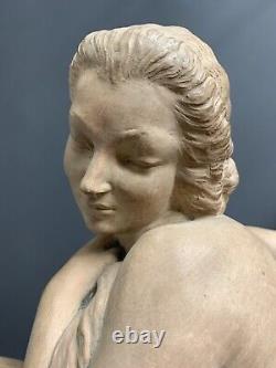 Ancienne sculpture Marcel Bouraine art déco jeune femme nue Mouvement au drapé