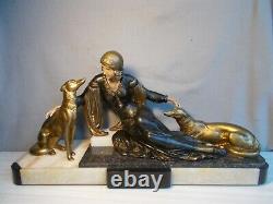 Ancienne sculpture chryselephantine art deco 1930 statue femme & chien lévrier