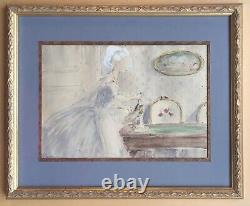 Aquarelle Art Déco Jacques Drésa Portrait Femme Servante Scène Intérieur Salon