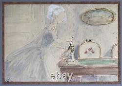 Aquarelle Art Déco Jacques Drésa Portrait Femme Servante Scène Intérieur Salon