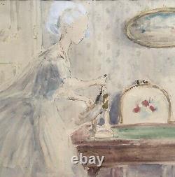 Aquarelle Art Déco Jacques Drésa Portrait Femme Servante Scène Intérieur Salon