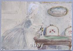 Aquarelle Art Déco Jacques Drésa Portrait Femme Servante Scène Intérieur Salon