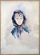 Aquarelle Originale Art Déco Portrait Femme Mode Cape Capuche Bleue Signée Jb