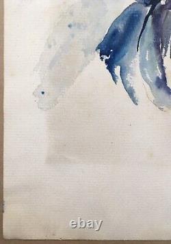 Aquarelle Originale Art Déco Portrait Femme Mode Cape Capuche Bleue Signée JB