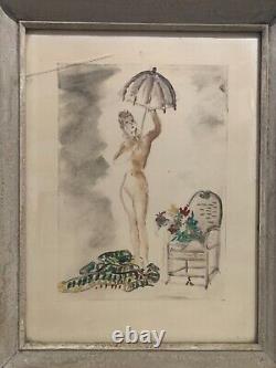 Aquarelle encadrée signée DUFAU Femme nue au Parapluie Fleurs art deco