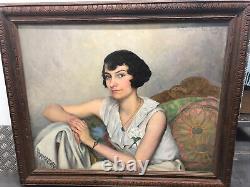 Armand Guidat Portrait de Jeune Femme Brune Art Deco Nancy 1932 Hst 73x92