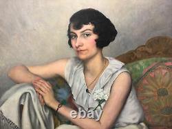 Armand Guidat Portrait de Jeune Femme Brune Art Deco Nancy 1932 Hst 73x92