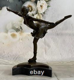 Art Déco Bronze Figurine De Un Patineuse Femelle Femme Sur Solide Marbre Base