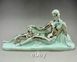 Art Déco ODYV statue en faiencefemme nue au panthèrecamaïeu vert pâle argenté