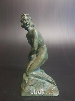 Art Déco, Sublime Bronze, Décor Femme Nu, Patine Verte, Signature d'Artiste